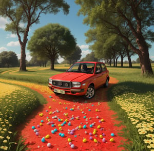 Lada (vaz) 2112 red car rides through a field of chewing gum, trees in the form of lollipops, rainbow road,disney pixar style
