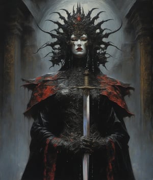 Front view, close up photo shot of mask queen demon art by brom,look at the camera,a masterpiece ,power full pose,palace,black_(metal),  ,black and screming,light,evangelion,gothic,hyper-realistic oil painting,rain, god hand,sword,vibrant colors, Horror Comics style, art by brom.