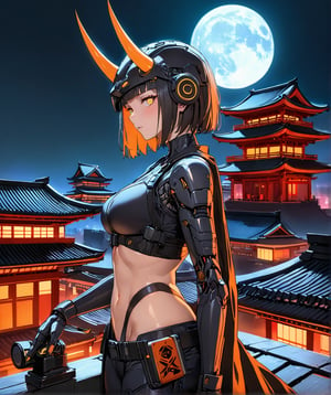 side view, look at camera,at night,half body shot,1girl orange and black ghost ronin,horn on helmet,perfect body,yellow eye,super detail,sharp,masterpiece,cyberpunk meg suite,ronin costume,background is neon color,blue,orange, he stand on the roof top of temple ,katana.,cyborg,midnight,moon.