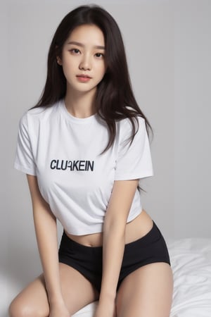 beautiful Asian female, 24 year old asian girl, asian model, korean model, oversized t shirt over big boobs, oneck neck cotton t shirt, red lips, silky black hair, beautiful face, perfect face, hazel greenish eyes, elegant but simple, perfect girlfriend, instagram model, bold red lips, lipstick,Young beauty spirit ,Extremely Realistic,Perfect lips, ((sexy shiny dark red lips)),Lipstick, calvin klein, calvin klein underwear, calvin klein model, under armor female model, slightly chubby, kneeling hands on thighs, korean model, korean underwear model, perfect korean model, korean instagram model, korean influencer,Extremely Realistic, beautiful pose, elegant pose, seductive look, palpable seduction, biting lip,xxmix_girl, (red lips), ((seductive red lips)), 