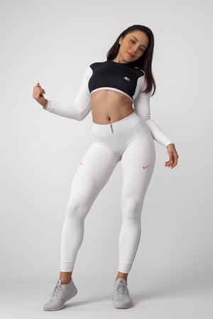 score_9, score_8_up, score_7_up woman, (solo, shot full_body :1.35),  (looking at viewer), focused, BREAK detailed, 

Posing for the camera, (in the style of realistic hyper - detailed. full-body, realistic dark track suit, thick_legs, trainners), (white flat background, nice atmosphere), nice contrast, A (((cutest time style))), perfect hands, perfect body_parts, 