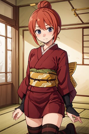 masterpiece, best quality, highres, kgr3, thighhighs, japanese clothes, striped thighhighs, red kimono, short kimono, obi, sash, short hair, cowboy shot, indoors, kneeling, embarassed expression, beautiful legs, Squinted eyes, short skirt