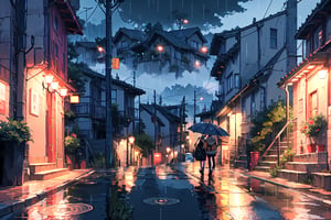 1girl, solo, holding, standing, outdoors, from behind, night, umbrella, ground vehicle, building, scenery, motor vehicle, reflection, rain, holding umbrella, city, sign, car, road, lamppost, street, traffic light, crosswalk, real world location, vanishing point,pastelbg,ninjascroll