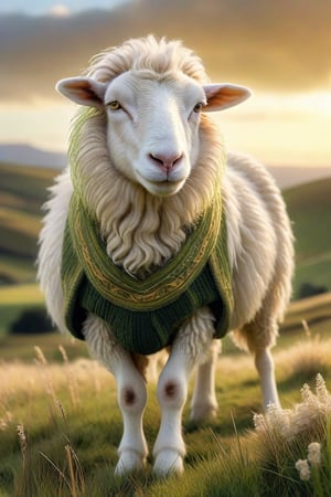 A majestic white sheep with a lush, flowing coat stands proudly on a sun-kissed grassland, its gentle gaze scanning the open terrain. Soft golden light illuminates its creamy fleece, highlighting each individual strand. The surrounding landscape, a tapestry of green and yellow, stretches out to infinity, creating a serene and peaceful atmosphere.