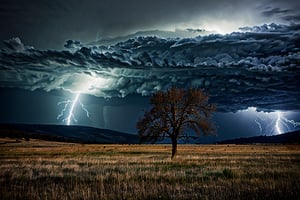 A sweeping landscape of rolling hills and darkening skies, as a fierce storm approaches. A bolt of lightning illuminates the scene, casting an eerie glow on the parched earth. Tall grasses sway violently in the gusty winds, while a lone tree stands defiantly, its branches grasping for the heavens. The sky is ablaze with electric blue and fiery orange hues, as nature's fury unleashes a majestic display.