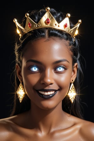 score_9, score_8_up, score_7_up, 1_woman_(dark skinned female queen, black hair, glowing white eyes, smiling, black lipstick, earrings, gold crown), more detail XL,Extremely Realistic, portrait