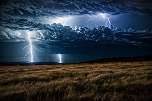 A sweeping landscape of rolling hills and darkening skies, as a fierce storm approaches. A bolt of lightning illuminates the scene, casting an eerie glow on the parched earth. Tall grasses sway violently in the gusty winds, while a lone tree stands defiantly, its branches grasping for the heavens. The sky is ablaze with electric blue and fiery orange hues, as nature's fury unleashes a majestic display.