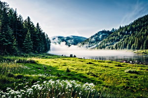 score_9, score_8_up, score_7_up, Landscape, River, mountain, pine tree, green grass, white flower, sunshine, fog elegant and cool, masterpiece, high quality realistic, aesthetic photography, cool tone, bright colour, pure perfection