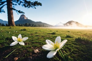 River, mountain, pine tree, green grass, white flower, sunshine, fog elegant and cool, full body, masterpiece, high quality realistic, aesthetic photography, cool tone, 16K, bright colour, (( Ultra sharp focus, pure perfection, ((64k:1.37 )), more detail XL, )), enhanced all, detailed skin, high_resolution isometric, trending on artstation,