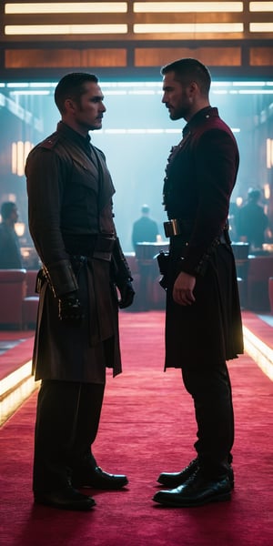 Officer Joker and Officer KD6-3.7 from Blade Runner 2049 stand facing each other in a majestic, cinematic shot, lit with epic volumetric lighting. They are dressed in samurai attire, meeting in the middle of a grand restaurant setting. AJ Applegate's captivating visage, posing on a red carpet at an Oscar event, is blurred in the background. Officer Joker's sharp features and Officer KD6-3.7's rugged appearance contrast beautifully as they gaze into each other's eyes. The atmosphere is tense, with a hint of mystery. The camera, shot by Canon EOS D5 Mark IV, captures their striking juxtaposition in stunning high dynamic range, with film grain adding to the cinematic feel.