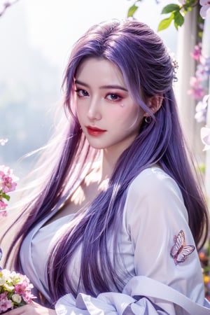 (masterpiece, best quality:1.2), highres, extremely detailed, 1 girl, purple hair, eye highlights,Red Long Ling Dress, frills, outdoors, flower, fluttering petals, upper body, depth of field,pastel color, Depth of field,garden of the sun,shiny,flowers, garden, 1girl, butterfly style, butterflies, ultra detailed, glary,Light, light particles,glitter,reflect,Xyunxiao,sky_moon