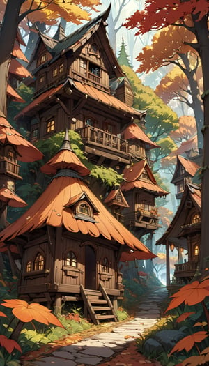 (best quality), ((masterpiece)), (highres), illustration, original, extremely detailed,
A forest, Autumn,wooden fairy houses,dnd
