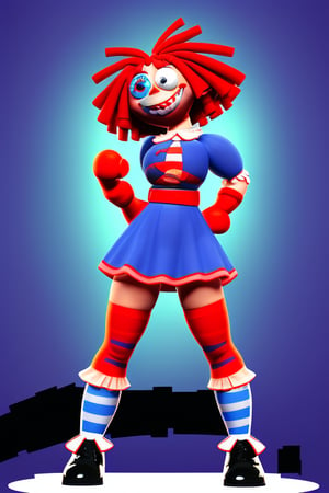 demented, psychotic, human-sized Raggedy Ann. She is a refugee from Toyland. Tall, strong, athletic, bouncy. Bright red yarn hair, wild and untamed. Canvas cloth skin. Blue almost-human glass eyes. Orange triangle nose, bright red smiling mouth. Long sleeved pullover shirt with blue and white horizontal stripes, a big red heart on the front of the shirt. Soft-blue pleated miniskirt with matching leg warmers. Red and white stockings with horizontal stripes. Black patent-leather shoes. Full body pose, probably fighting someone. 