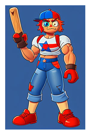 angry, psychotic (((RAG DOLL))). Raggedy Andy on steroids. Tall, strong, athletic. Bright red yarn hair, bright blue baseball cap turned backwards. Canvas material skin, orange triangle nose. Bright blue almost human glass eyes. Angry permanent frown. T-shirt with red and white horizontal stripes, a red cutout star on the front of the shirt. Blue denim jeans, fingerless black leather gloves. Blue and white canvas sneakers. He carries a wooden baseball bat, always ready to smash something. He also carries a school backpack on his back. full body pose. 