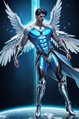 High tech meets mysticism and miracles. Angel, super-hero. He flies to the stratosphere, prays for miracles. Caucasian male of Italian descent. tall, muscular, sinewy, well defined. Short black hair, very short on sides and back, longer on top, touseled waves cimbed back, curly strands falling over ine eye. Icy blue eyes, handsome face, strong brow and jaw, dimpled chin. cobalt blue pauldrons with silver trim on shoulders.Cobalt blue fisnnet shirt, formfit over chest. Silver chrome arm bands and bracers. Silver chrome tech belt with glowing blue light as the belt buckle. Cobalt blue tights stretched over powerful legs, silver chrome jockstrap over top of them. Silver chrome thigh guards and boots. Shiny white Angel wings with blue feathers towards the tips and ends of wings. Full body pose, flying. 