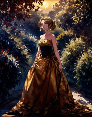 a young girl stands in a courtyard at dusk, the evening light streaming through the autumn trees. she wears a strapless form-fitting evening gown, gazing upward forlornly. ((((level horizon)))), (golden-hour lighting: 1.6),