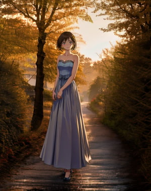 a beautiful young girl stands in a courtyard at dusk, she wears a strapless form-fitting evening gown, gazing upward wistfully.