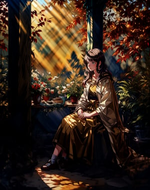 a young girl sits in a medieval courtyard at dusk, the evening light streaming through the autumn trees. she wears a cloak, gazing upward forlornly. ((((level horizon)))), (golden-hour lighting: 1.6),