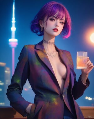 beautiful woman, multicolored hair, hipster hairstyle, multicolored 60's mod dress, open blazer, designer jewelry, makeup, neon lipstick, holding one martini glass, upper body, stylish rooftop deck with mood lighting, nighttime city view, best quality, masterpiece, tight focus, cover painting, Anime Style