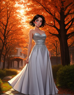 a beautiful tallish young woman stands in a courtyard at dusk, the evening light streaming through the autumn trees. she wears a strapless form-fitting silver satin evening gown, gazing upward wistfully. backlit figure,, Beautiful eyes