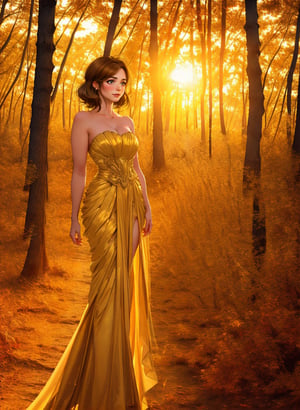 a beautiful tallish young woman stands in a courtyard at dusk, the evening light streaming through the autumn trees. she wears a strapless form-fitting satin evening gown, gazing upward wistfully. (art-nouveau aesthetic: 1.2), ((((level horizon)))), (golden-hour lighting: 1.6), Beautiful eyes