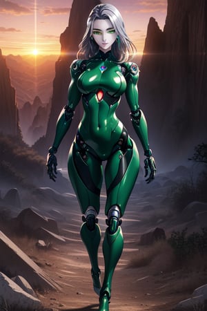 25yo female, (skin-tight cybernetic bodysuit: 1.4), black-and-silver body, brushed titanium, polished tungsten, intricate bone machine, sculpural, elegant, architectural, skeletal, ((female face, beautiful face, vivid kelly-green eyes)), lean, athletic body, (wide hips: 1.6), medium breasts, innocent expression, (muscle definition: 0.5), full-body view, 3/4 view, stiletto heels

rocky desert landscape setting, beautiful sunset sky

highly detailed, 8k, masterpiece, high resolution, polished, gleaming, shimmering, vivid, tight focus