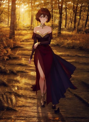 a beautiful tallish young woman walks in a botanical garden at dusk, the evening light streaming through the autumn trees. she wears a strapless form-fitting maroon satin evening gown, gazing upward wistfully. ((art-nouveau aesthetic)), goldenhour , Beautiful eyes