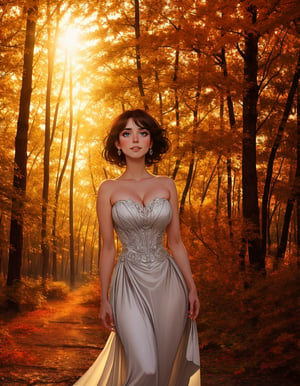 a beautiful tallish young woman stands in a courtyard at dusk, the evening light streaming through the autumn trees. she wears a strapless form-fitting satin evening gown, gazing upward wistfully. (art-nouveau aesthetic: 1.2), Beautiful eyes