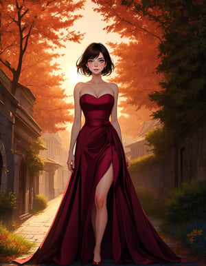 a beautiful tallish young woman stands in a courtyard at dusk, the evening light streaming through the autumn trees. she wears a strapless form-fitting maroon satin evening gown, gazing upward wistfully. backlit figure,, Beautiful eyes