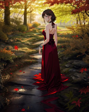 a beautiful young woman stands in a botanical garden at dusk. Autumn leaves cover the ground. She wears a strapless sleeveless maroon form-fitting satin evening gown, earrings, bracelets, and choker, gazing upward wistfully. Her arms are bare. She is viewed from behind, looking back over her shoulder.