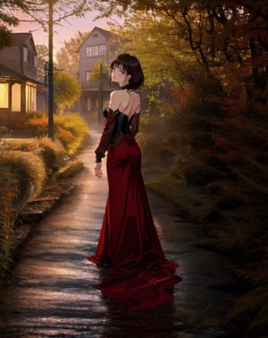 a beautiful young girl stands in a courtyard at dusk, with her hands behind her back. She wears a strapless maroon form-fitting satin evening gown, gazing upward wistfully.