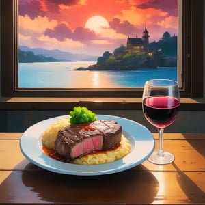 close-up, double exposure, vibrant colors, Studio Ghibli, highly detailed, fantasy rustic restaurant background, juicy steak with sauce on top, mash potato, glass of red wine