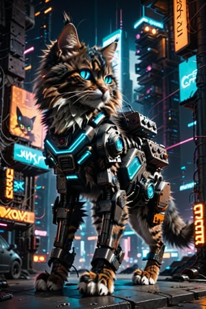 small scruffy male cat standing on four legs, realistic dark brown fur, futuristic, perfect shadows, cyberpunk, fangs, (((cyborg eye))), robotic legs, dark futuristic city street background, full body, hyper realistic photo, small sized anthro cat, rusted, night time, neon lights, intricate, highly detailed, moody lighting, scifiurban, cybernetic cat legs, more detail xl, ((cat paws)), ((holding cyberpunk gun)), Mohawk, ultra intricately detailed 3D render, hyper realistic, 4k hdr, sharp focus, robotic armour