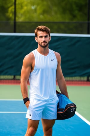 ultra realistic photo of handsome college male tennis player, very short brown hair, athletic body, 4k hdr, sharp focus, highly detailed, toned arms, full body, tennis court, carrying tennis bag, looking at camera