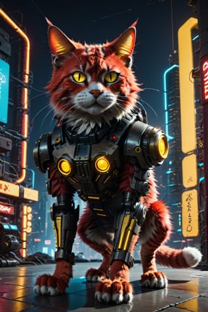 small slender male cat standing on four legs, realistic red fur, futuristic, perfect shadows, cyberpunk, fangs, (((yellow cyborg eye))), robotic legs, dark futuristic city street background, full body, hyper realistic photo, small sized anthro cat, rusted, night time, neon lights, intricate, highly detailed, moody lighting, scifiurban, cybernetic cat legs, more detail xl, ((cat paws)), ((holding cyberpunk gun)), Mohawk, ultra intricately detailed 3D render, hyper realistic, 4k hdr, sharp focus, robotic armour