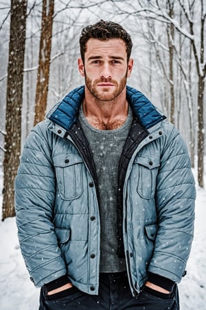 (handsome college boy), defined muscles, stubble, wearing snow jacket, cinematic masterpiece, snow background, ((snowing)), (hairy chest), looking at viewer