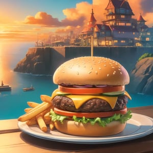 close-up, double exposure, vibrant colors, Studio Ghibli, highly detailed, delicious burger and fries on a plate, wooden table, magical fantasy city background, golden hour, sunset
