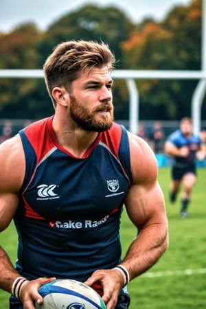 ultra realistic photo of scruffy college male rugby players on rugby field, dirty, muscular, toned arms, sleeveless top, 4k hdr, sharp focus