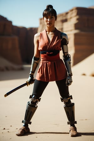  score_9, score_8_up,score_7_up, realistic, 1woman, beautiful light, high quality, old western town, desert, sunny, highly detailed, slender, realistic eyes, full body, perfect face, asian samurai woman with ((robotic arms)), (holding a katana), fierce expression, ((robotic legs))
