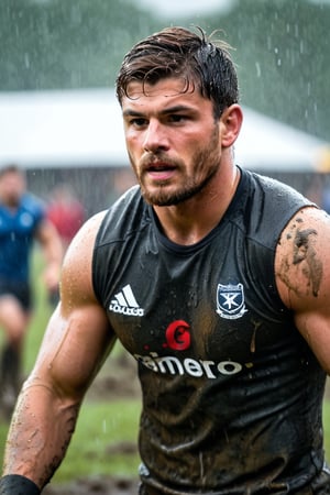 ultra realistic photo of scruffy college male rugby player on rugby field, ((muddy)), muscular, toned arms, sleeveless top, 4k hdr, sharp focus, highly detailed, raining