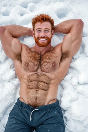 More detail xl, (handsome college boy), defined muscles, stubble, ((very hairy chest)), cinematic masterpiece, snowing, ((laying in snow)), top view, smiling, face focus, ((very thick armpit hair)), hand behind head, big pecs, ginger hair, wearing pants