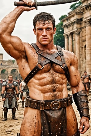 Realistic, handsome young bodybuilder, defined muscles, short ginger hair, (((very hairy armpits))),more detail XL, (((huge pecs))), (very hairy chest), wearing harness, ((gladiators)), Roman Empire, (dirty), bloody, wearing armour, cinematic, looking_at_viewer, 2men, upper body focus