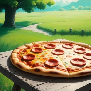 close-up, double exposure, vibrant colors, Studio Ghibli, highly detailed, delicious pepperoni pizza on an old wooden table, close up pizza, magical fantasy grassy fields background, windy, focus on pizza, steamy pizza
