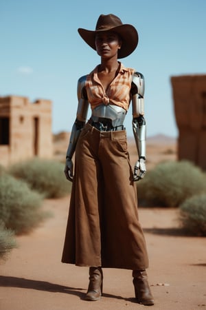  score_9, score_8_up,score_7_up, realistic, 1woman, beautiful light, high quality, ((android)), , old western town, desert, sunny, highly detailed, slender, (((cybernetic robot))), wearing cowboy hat, realistic eyes, full body, realistic face, beautiful African woman, (android waist), African woman face, African woman arms