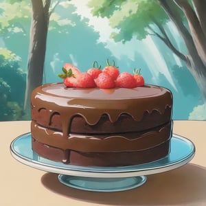 close-up, double exposure, vibrant colors, Studio Ghibli, highly detailed, ((delicious chocolate cake on table)), magical, fantasy