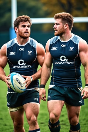 ultra realistic photo of two scruffy college male rugby players on rugby field, dirty, muscular, toned arms, sleeveless top, 4k hdr, sharp focus, highly detailed