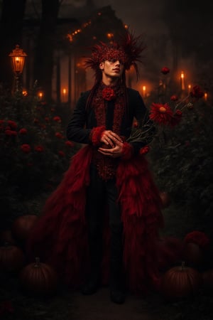 a fashion photography.slightly muscular young man elegant pose.full-portrait.distance shot.artistic Fashionable dark-maroon crimson draping haute-couture resembling a dahlia-flower with long petals. Exquisite jewelry headpiece. long wiggly petals. Holding a jack-o-lantern with candies and a bouquet of dark-crimson dahlias atop curvy stems. black leather boots. at the front door of a opulent house with a yard with many rampant dark colored flowers. trick-or-treat. balanced composition. mysterious night. warm light. bokeh.,ABMhauntedVibe,