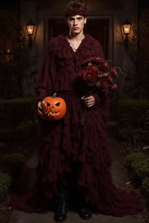 a fashion photography.slightly muscular young man with pale skin elegant pose.full-portrait.distance shot.artistic Fashionable dark-maroon phantom-like blackish-crimson draping haute-couture resembling a dahlia-flower with long petals. Exquisite jewelry headpiece. long wiggly petals. Holding a jack-o-lantern with candies and a bouquet of dark-crimson dahlias atop curvy stems. black leather boots. at the front door of a opulent house with a yard with many rampant dark colored flowers. trick-or-treat. balanced composition. mysterious night. warm light. bokeh.,ABMhauntedVibe,Sparkle Glowing,aidmaabdhr