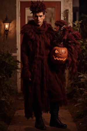 a fashion photography.slightly muscular young man with pale skin elegant pose.full-portrait.distance shot.artistic Fashionable dark-maroon phantom-like blackish-crimson draping haute-couture resembling a dahlia-flower with long petals. Exquisite jewelry headpiece. long wiggly petals. Holding a jack-o-lantern with candies and a bouquet of dark-crimson dahlias atop curvy stems. black leather boots. at the front door of a opulent house with a yard with many rampant dark colored flowers. trick-or-treat. balanced composition. mysterious night. warm light. bokeh.,ABMhauntedVibe,Sparkle Glowing,aidmaabdhr