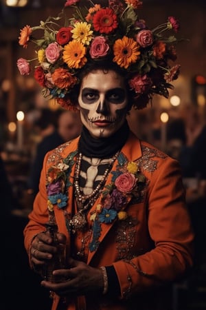 a fashion photography.men dancing. full-portrait. Vibrant bejeweled colorful costume decorated with many marigolds and skeleton makeup. Headpiece of zinnias and marigolds. balanced composition. mysterious. bokeh. warm candle lights. dia-de-los-muertos party.,ABMhauntedVibe,Grosteque Fairytale Art 